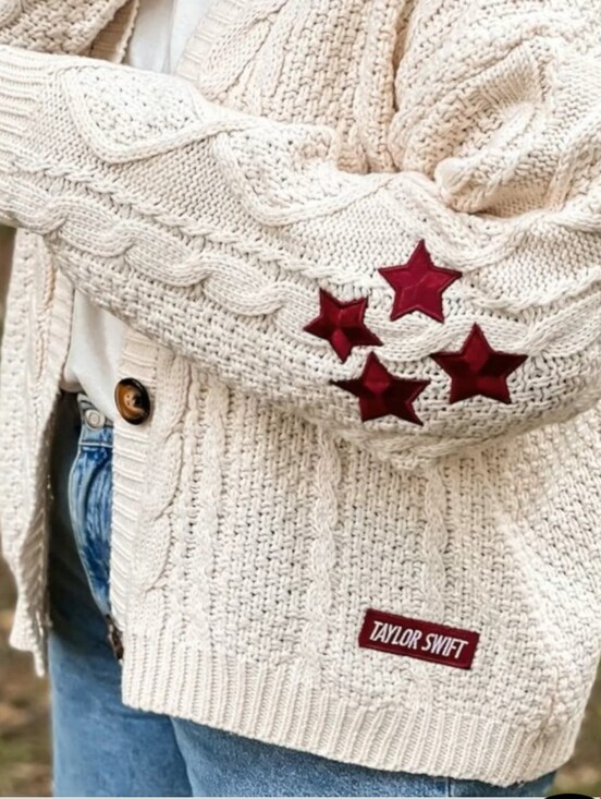 Taylor Swift Sweaters - Taylor Swift Cream Cable Knit Cardigan with Red Star Accents